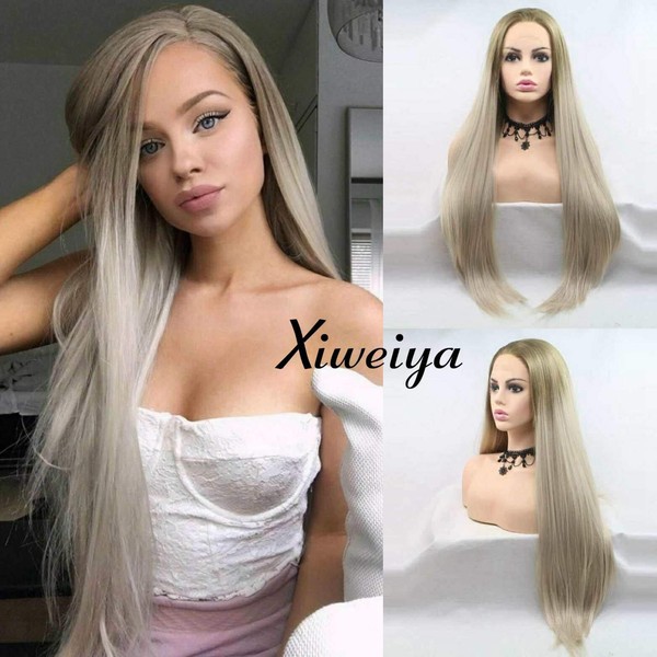 Xiweiya Long Blonde Silky Straight Wig Synthetic Lace Front Wigs Side Part Wig Brown Root Long Soft Wig Hair Replacement Wig for Women, Drag Queen Makeup 24 inch