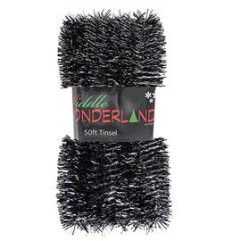 Widdle Gifts 50ft x 3cm Tinsel Extra Long 15 Metre Christmas Decoration, Crafting, Christmas Trees and party Decorations (Black and Silver)