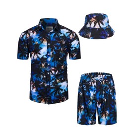 TUNEVUSE Mens Hawaiian Shirts and Shorts Set 2 Pieces Beach Outfits Print Summer Tropical Suit with Bucket Hats Navy 3X-Large