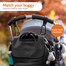 Baby Uma Leather-Style Buggy Clips - 2-Pack of Universal Pram Clips, Non-Slip Buggy Accessories, Carry up to 5 kg per Buggy Clip, Pram Hooks for Bags, Shopping & Baby Travel Essentials (Black)