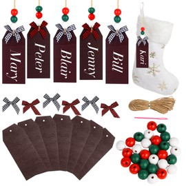 CCINEE Christmas Stocking Name Tags,12pcs Blank Wooden Stocking Hanging Name Tags with Beads and Bow for Christmas Stocking Tree Home Farmhouse Decoration