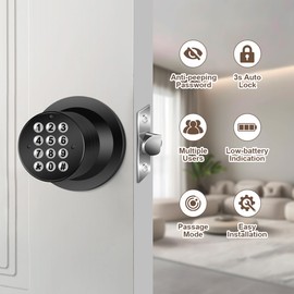 Door Knob with Keypad, Keyless Entry Door Lock, Black Electronic Code Locks Door Knob, Passage Mode, Easy to Install for Home,Office,Hotel,Bedroom