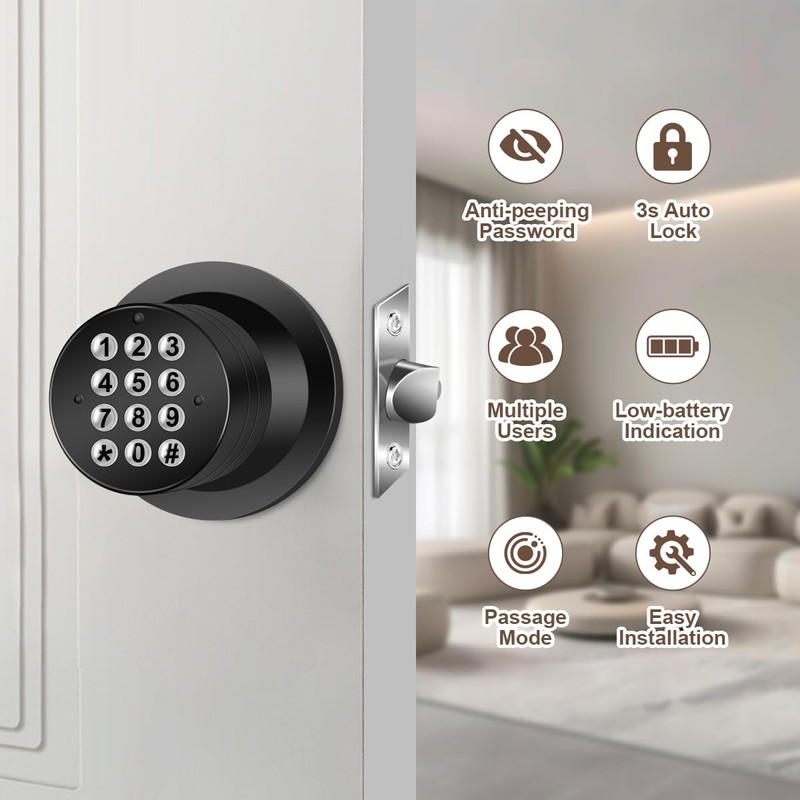 Door Knob with Keypad, Keyless Entry Door Lock, Black Electronic
