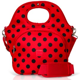 Made Easy Kit Large Insulated Lunch Tote Carrier for Women Men with Front Zipper Pocket, Soft Lightweight, Travel Ready with Padded Shoulder Strap & Magnetic Clasp Handle (Red Black Polka Dots, Large)