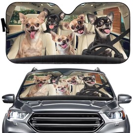 Chihuahua Family Front Window Car Sun Shade Windshield Cover, Funny Chihuahua Driver Foldable Sunshade for Car Truck SUV Pet Animal Auto Visor Shield Cover, Keep Your Vehicle Cool
