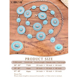 Xiokyo Turquoise Belt Western Chain Belt Cowgirl Country Silver Metal Concho Belts Women Jeans Dresses (Blue, 51inch(31''+extended chain 20''))