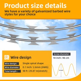 AggFencer 98ft Barbed Razor Wire, Hot-Dip Galvanized Barb Wire Roll for Crafts Fences, Fence for Critter Deterrent