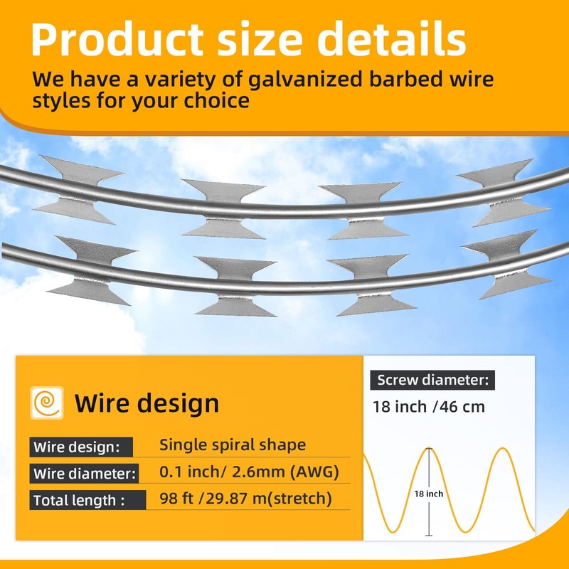 AggFencer 98ft Barbed Razor Wire, Hot-Dip Galvanized Barb Wire Roll