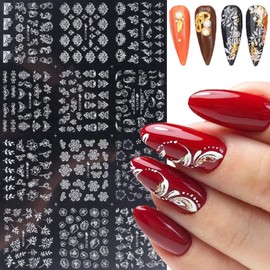 White Flowers 3D Self-Adhesive Floral Nail Decals - Retro Hollow Flower Leaf Nail Art Designs - 12 Styles