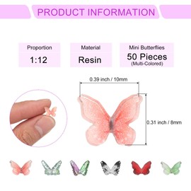 CoCud Mini Resin Butterflies, 0.31" Length, Resin Miniature Dollhouse Accessories Multi-Colored - (Applications: for Crafts Nail Art Fairy Micro Landscaping Ornament) 50-Pieces