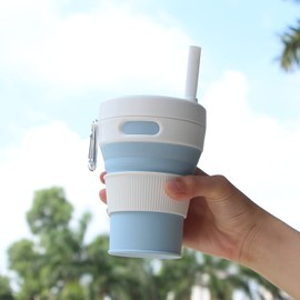 UNNESTAR Collapsible Camping Cup with Straw Silicone Folding Coffee Cup Sport Bottle Portable Travel Outdoor Car 16oz 20oz (Light Blue)