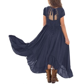MITILLY Girls Boho Lace Flower Backless Crew Neck Short Sleeve Ruffle Swing Maxi Dress with Pockets 10 Years Dark Blue