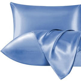 Lazzaro Satin Silk Pillowcases for Hair and Skin - Hypoallergenic Silk Pillow Cases 2 Pack with Envelope Closure - Ultrasoft Standard Size Airy Blue Silk Pillowcases (50 x 75 cm)
