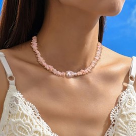 Ever Faith Pink Puka Shell Necklace Handmade Hawaiian Natural Seashell Barouque Freshwater Cultured Pearl Choker Necklaces Summer Holiday Beach Jewellery for Surfer Clavicle
