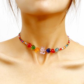 Enautoabs Boho Beach Beaded Choker Necklace Colorful Heart Beads Necklaces Short Beaded Collar Necklace Hawaiian Summer Choker Necklaces Jewelry for Women