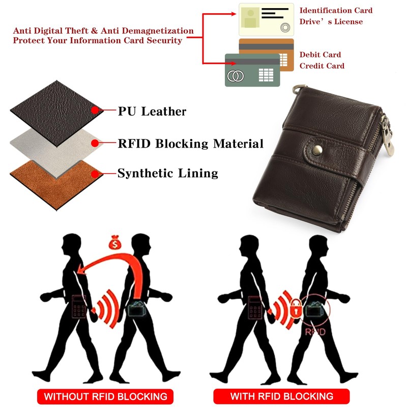 GOIACII Men's Leather Wallet RFID Protection Multifunctional Buckle Zippers Wallet