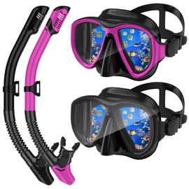 Snorkeling Gear for Adults, Dry Top Snorkel Mask Set 2 Pack Scuba Diving Mask Snorkel Gear Anti Fog Snorkeling Packages Tempered Glass Panoramic View Nose Cover (Black&Pink)