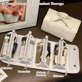 Leather Waterproof Cosmetic Bag 4 Detachable Clear Multi Compartment Hanging Makeup Bag Travel Toiletry Bag Removable Partitions and Large Capacity Folding Makeup Bag Roll Up Makeup Bag 4 in 1(White)