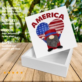 American Decor 4th of July Sign Patriotic Wooden Box Sign Patriotic Gnome Sign Desk Decoration Square Wood Sign Wood Block Plaque Box Sign for Shelf Home 5 x 5 Inches