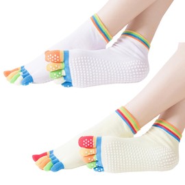 BCHKO 2 Pairs of Women's Non-Slip Yoga Stopper Socks, Funny Toe Socks for Pilates, Dance, Hospital, Fitness, Sports, Adults with Grip Rubber Soles (EU 36-43) (Colourful)