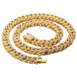 Halukakah Diamond Cuban Link Chain for Women 13.5MM 18k Real Gold Plated Choker Necklace 22",Full Cz Diamond Cut Prong Set,with Giftbox