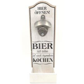 G.H. Robust large wall bottle opener in vintage style for wall mounting made of wood, with metal bottle opener, dimensions 30 x 10 cm, design with saying: Bier KALT Stellen.