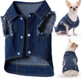 Dog Denim Jacket Vest - Leash Ring, Fringed Sleeves, Blue Jean, Classic Vintage Wash, Fits Small to Large Dogs (Medium)