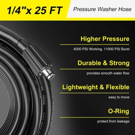 POHIR Pressure Washer Hose 25FT, Kink Resistant Power Washer Replacement Hose 1/4 Inch with M22 14MM Swivel, Lightweight Pressure Washer Extension Hose 4000 PSI