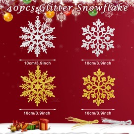 AnyDesign 40Pcs Christmas Snowflake Ornaments with Rope 2 Design Glitter Gold Silver Snowflakes Assorted Snowflakes Hanging Decorations for Xmas Winter Christmas Tree Decorations DIY Craft, 3.9"