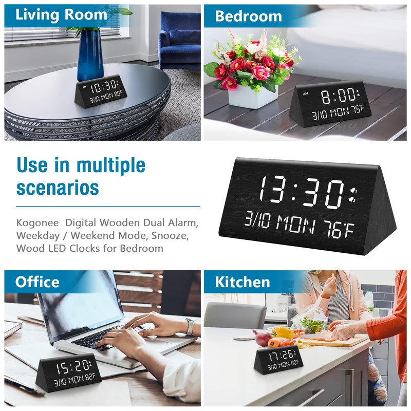 Kogonee Wooden Digital Alarm Clock, 0-100% Dimmer, 2 Alarm Settings,