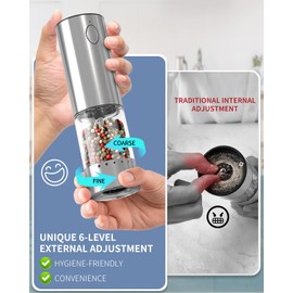 CIRCLE JOY Electric Salt and Pepper Grinder Set Rechargeable Stainless Steel Salt and Pepper Shakers with LED Light and Storage Base, External Adjustable Coarseness for Hygienic Easy Use