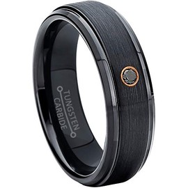 Jewelry Avalanche 6MM Brushed Black IP Stepped Edge Tungsten Carbide Wedding Band - 0.07ct Black Diamond Tungsten Ring -6.5