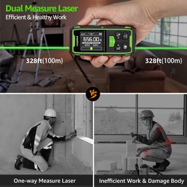 Huepar Dual Laser Measuring Tool, 656Ft Green-Beam Bilateral Digital Laser Distance Measure 6 Units Ft/in/M, Rechargeable Laser Measurement Tool -Backlit LCD Display, Length/Area/Volume/Angle Sensor