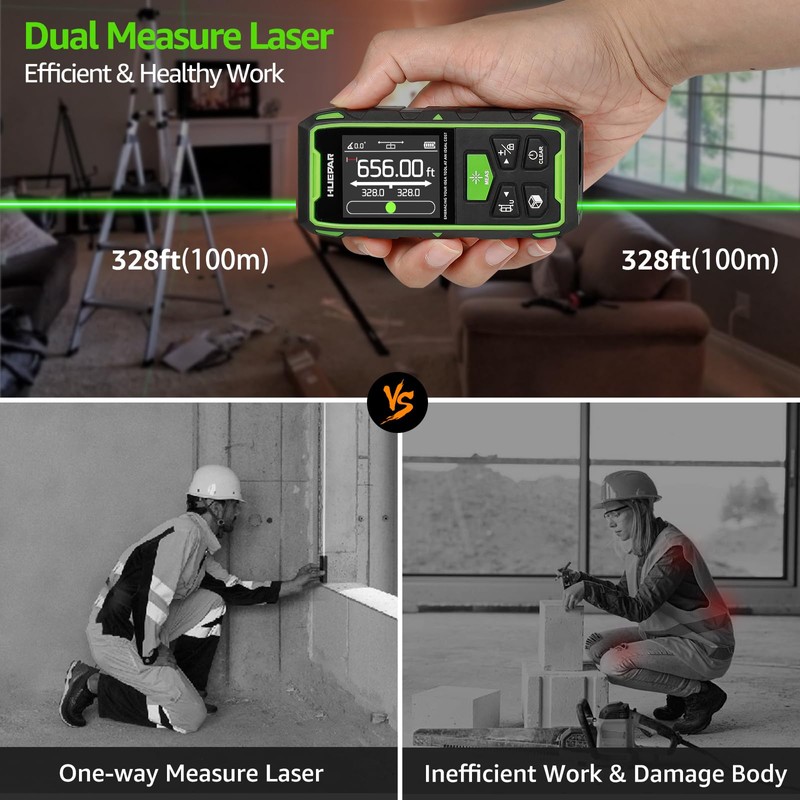 Huepar Dual Laser Measuring Tool, 656Ft Green-Beam Bilateral Digital Laser
