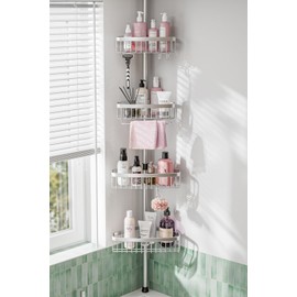 ESSEME Corner Shower Caddy Tension Pole: Adjustable Rustproof 4-Tier Inside Bathroom Organizer - 47-121 inch Quick Installation Bathtub Shelves for Shampoo Storage - Rod Floor Standing Bath Rack