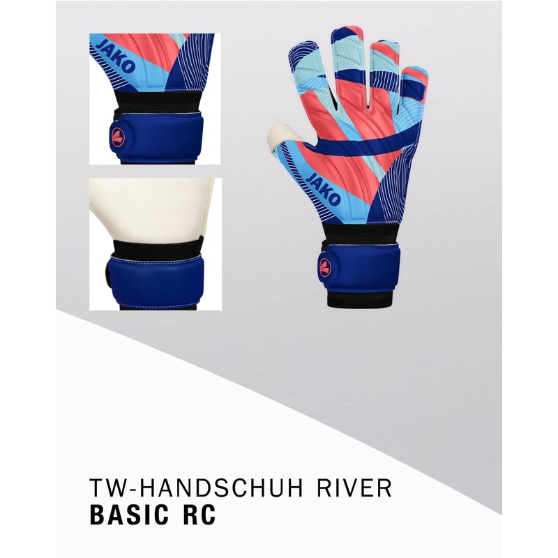 JAKO Unisex River Basic RC Goalkeeper Gloves, Navy/SkyBlue/Coral, 5
