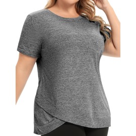 FOREYOND Plus Size Workout Tops for Women Short Sleeve Loose Fit Athletic Shirts Running Yoga Clothing Summer, Light Grey, 2XL