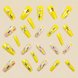 Cute Medium Coffin Press on Nails 24Pcs False Fake Nails Simple with Yellow Bee Design French Tip Full Cover Thick Glossy Acrylic Glue on Nails Stick on Nails for Women Y767