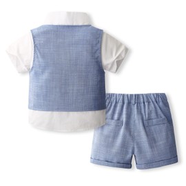 Volunboy Baby Boys' Suit, Summer Suit Vest Shirt with Bow Tie + Shorts for Festive Wedding Clothing Set 4-Piece, blue