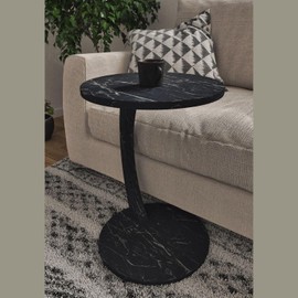 Furpinea C Shaped End Table for Couch Small Places, Faux Marble Black Space Saver Round Side Table for Sofa and Bedside with Wheels, Coffee and Eating Snack Time Tray for Living Room, Office