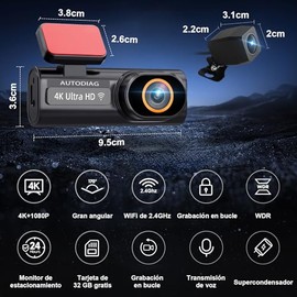 AUTODIAG 4K Dash Camara para Auto, Dashcam con WiFi | Cámara Automóvil Frontal y Trasera | WOR Visión Nocturna,Soporta hasta 256GB, Pantalla 2.6'', Co