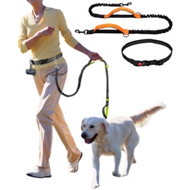Hands Free Lead, Dog, Handsfree, Stretchable, Dog Leash for Running, Large Dogs, Easy Walking, Shoulder Strap, Waist Belt, 2 Handles, Stretchable (Orange)
