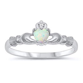 Traditional Claddagh White Simulated Opal Fashion Ring .925 Sterling Silver Size 5
