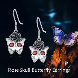 Skull Butterfly Earrings Sterling Silver Black Rose Earrings Skull Dangle Drop Earrings Gothic Earrings Skull Jewelry Birthday Gifts for Women Girlfriend (Skull Butterfly Earrings)