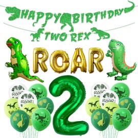 Dinosaur 2nd Birthday Decorations, Banner, Roar Balloons,Two Birthday Decorations for Boys Kids 2nd Dinosaur Party Supplies