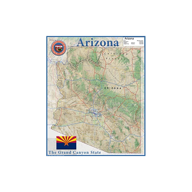 Arizona State Physical Map - 16.5 x 19.5 Inches -