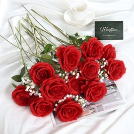 Waipfaru 20 Pcs Fake Red Roses Babys Breath Artificial Flowers Bulk, Silk Red Rose Faux Babys Breath with Long Stems for Wedding Bouquet Vase Flower Arrangement