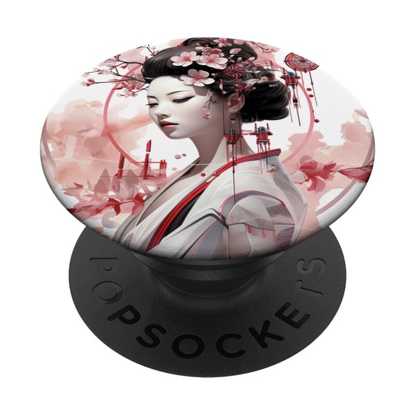 Cherry Blossom Geisha Saga Futuristic Elegance PopSockets Swappable PopGrip