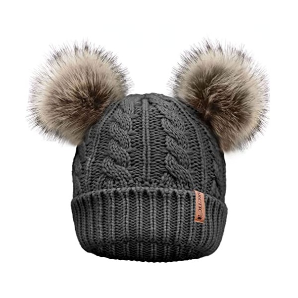 Arctic Paw Winter Cable Knit Fleece Lined Pom Pom Beanie for Women Charcoal