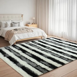 FALARK 5x7 Black and White Fluffy Soft Plush Striped Area Rugs for Bedroom, Indoor Non Slip Washable Rug for Living Room Decor, Shaggy Carpets for Kids Room, Playroom, Nursery